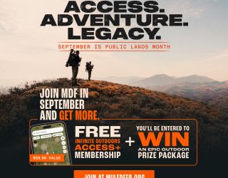 Flyer style graphic displaying Mule Deer Foundation and Infinite Outdoors campaign for National Public Lands month. Campaign theme Access. Adventure. Legacy is prominently featured.